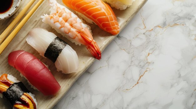 Fotografía de arriba hacia abajo de un Nigiri Platter sobre un fondo blanco