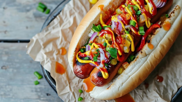 Fotografía de arriba hacia abajo de un perrito caliente cargado de verduras sobre un fondo blanco