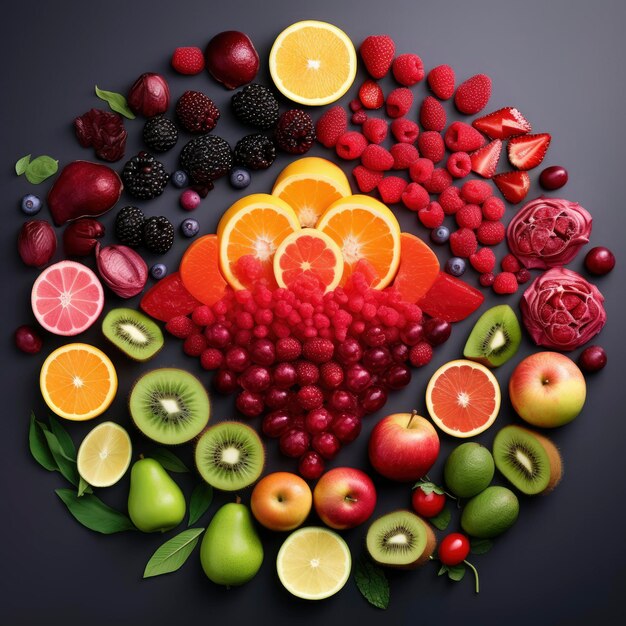 Fotografía de arriba del arco iris de frutas frescas de colores