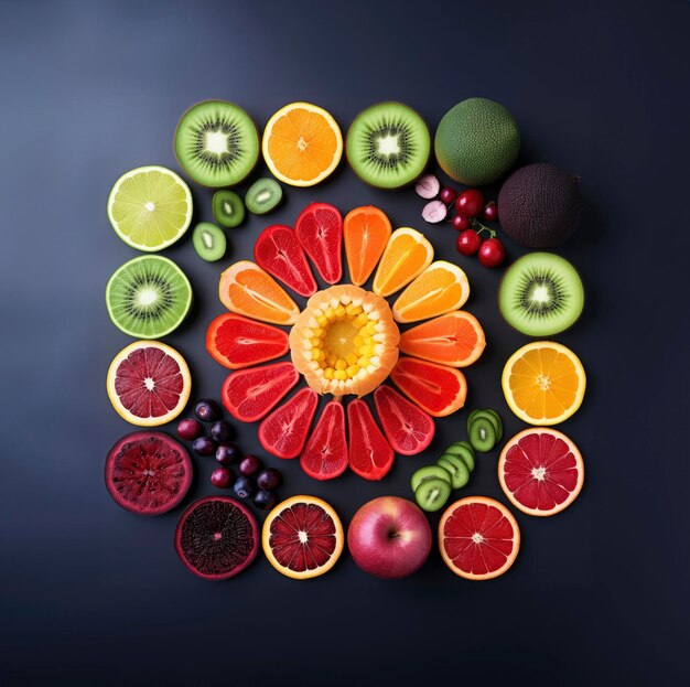 Fotografía de arriba del arco iris de frutas frescas de colores
