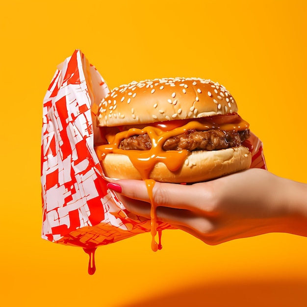 Fotografía de arte pop de comida Mano femenina sacando papel naranja con ketchup sobre una hamburguesa