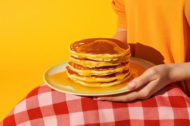 Fotografía de arte pop vintage de panqueques dulces sobre un mantel amarillo Estilo retro de los años 80 con complemento