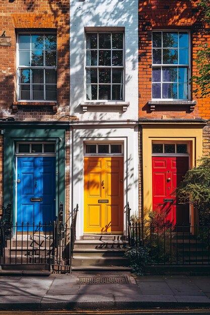 fotografía artística de casas en terrazas con puertas de colores