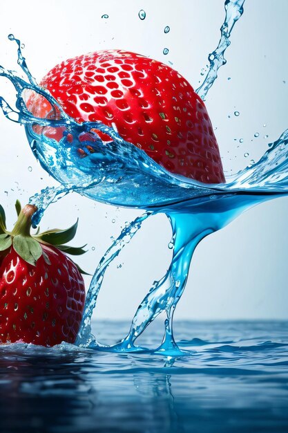 Fotografía artística creativa de la fresa cayendo al agua con salpicaduras.