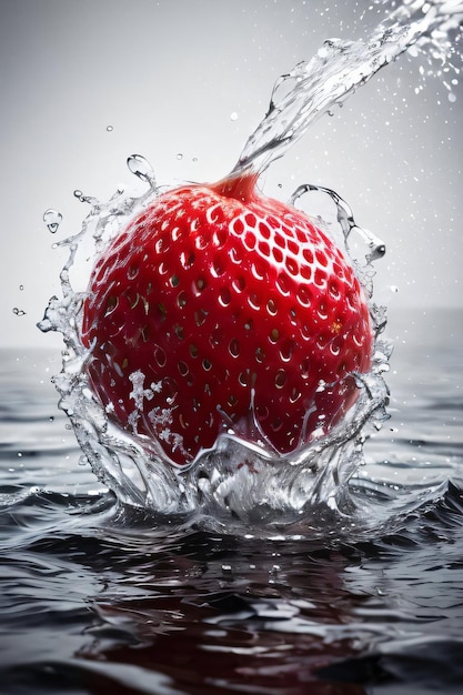 Fotografía artística creativa de la fresa cayendo al agua con salpicaduras.