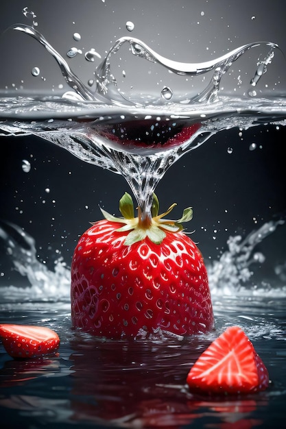 Fotografía artística creativa de la fresa cayendo al agua con salpicaduras.