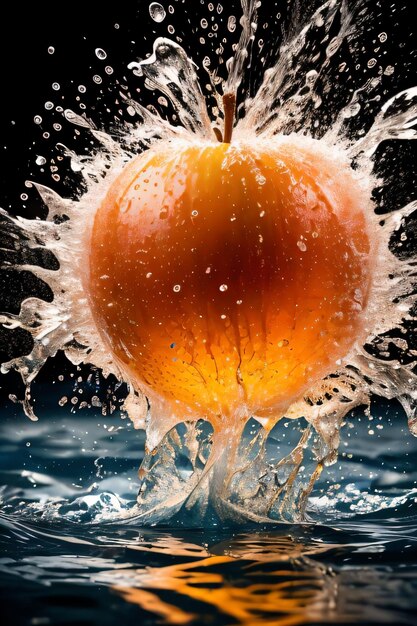 Foto fotografía artística creativa de la manzana cayendo al agua con salpicaduras.