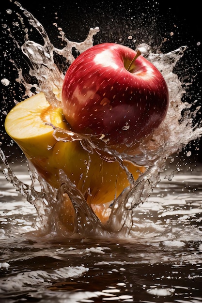 Fotografía artística creativa de la manzana cayendo al agua con salpicaduras.