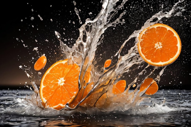 Fotografía artística creativa de la naranja cayendo al agua con salpicaduras.