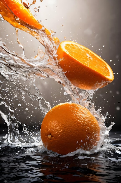 Fotografía artística creativa de la naranja cayendo al agua con salpicaduras.