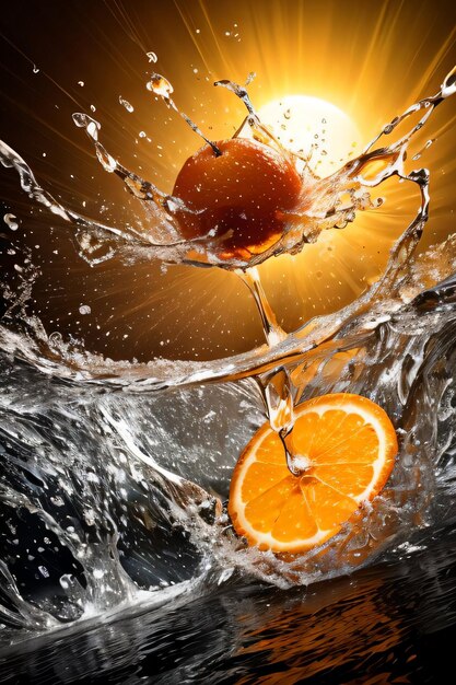 Fotografía artística creativa de la naranja cayendo al agua con salpicaduras.