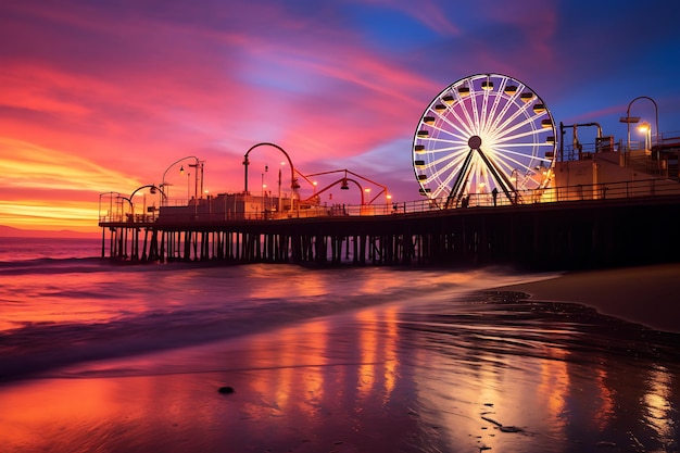 Fotografía del atardecer del muelle de santa mónica