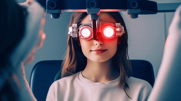 fotografia atmosfera cinematográfica mulher fazendo exame de visão em uma sala de exames de alta tecnologia