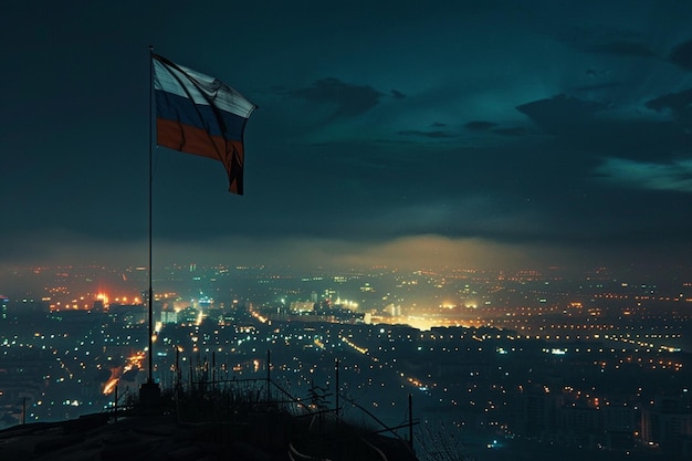 Fotografía atmosférica nocturna de una bandera iluminada