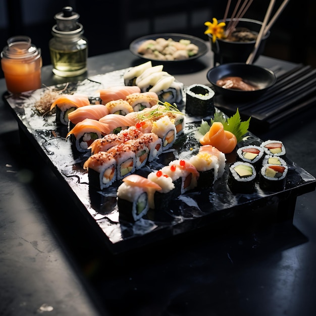 fotografía del atractivo delicioso de un plato de sushi visualmente impresionante