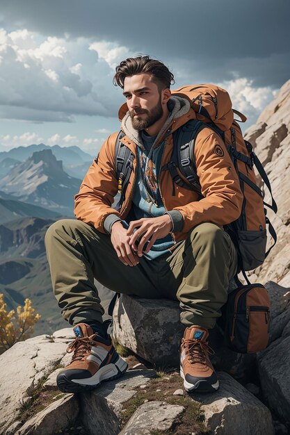 Fotografía de un atractivo hombre rubio con una bolsa de montaña