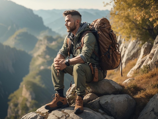 Fotografía de un atractivo hombre rubio con una bolsa de montaña