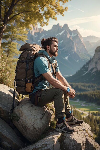 Fotografía de un atractivo hombre rubio con una bolsa de montaña