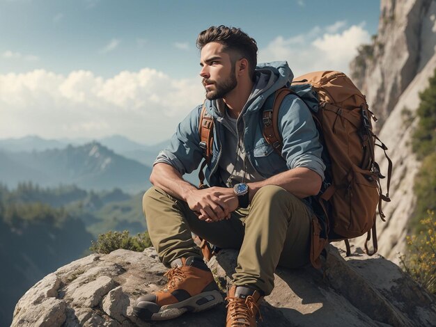 Fotografía de un atractivo hombre rubio con una bolsa de montaña