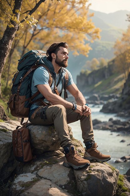 Fotografía de un atractivo hombre rubio con una bolsa de montaña