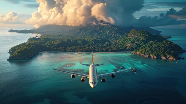 fotografía de un avión volando sobre una exótica isla tropical