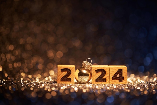Fotografía de baja clave del número 2024 en cubos de madera rodeados de brillos azules y dorados