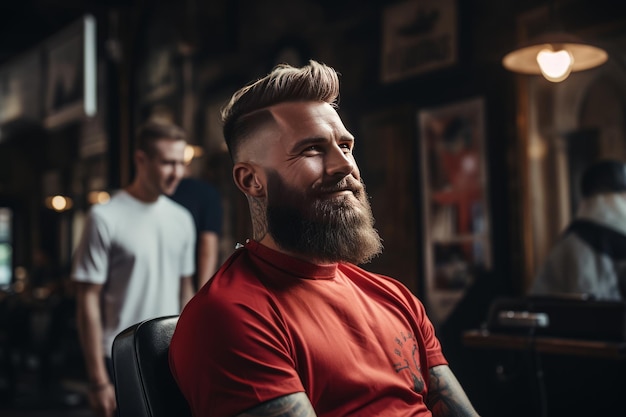 Fotografía de un barbero mirando el perfil de su cliente.