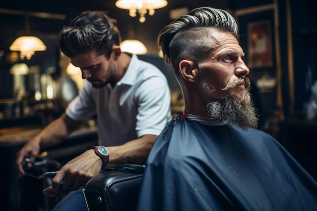 Fotografía de un barbero mirando el perfil de su cliente.