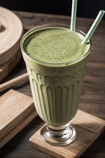 Fotografía de un batido de té verde con matcha fresco en un plato de madera