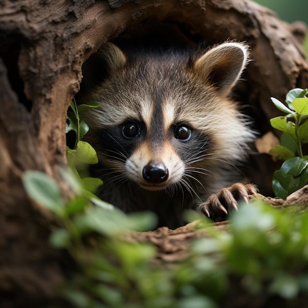 Fotografía de un bebé mapaches mirando desde el hueco de un árbol
