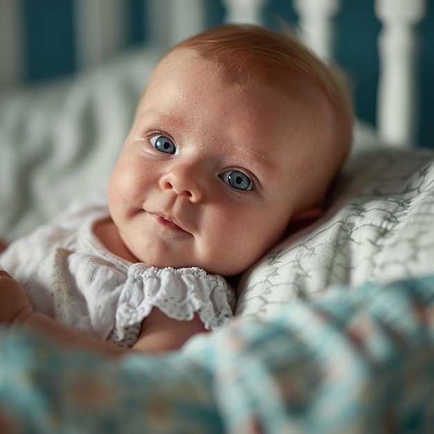 fotografía de un bebé de un mes de edad en una habitación azul pastel en una cuna con una expresión agradable