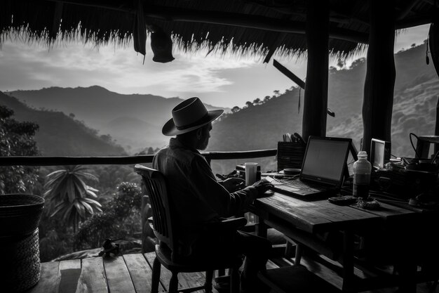 Fotografía en blanco y negro de un anciano usando una laptop