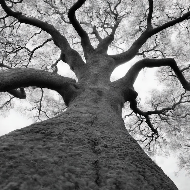 Fotografía en blanco y negro de un árbol en el bosque.