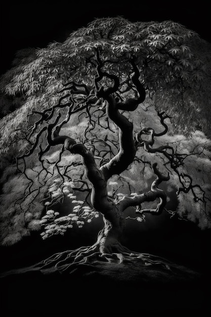 una fotografía en blanco y negro de un árbol con un fondo de cielo ai generativo