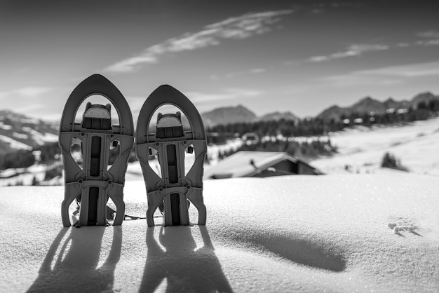 Foto fotografía en blanco y negro de dos raquetas de nieve enterradas en la nieve con las montañas nevadas