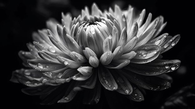 Fotografía en blanco y negro de una flor con gotitas de agua.