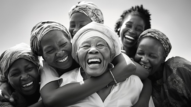 Fotografía en blanco y negro de gente feliz