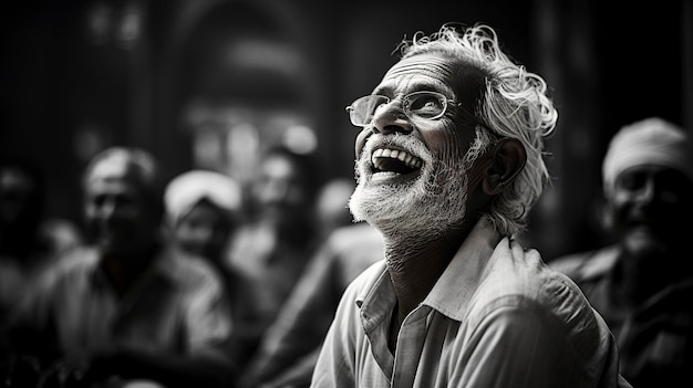 Fotografía en blanco y negro de gente feliz