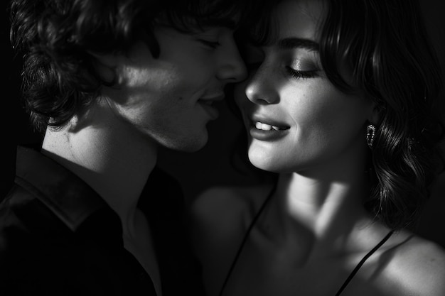 Fotografía en blanco y negro de un hombre y una mujer enamorados.