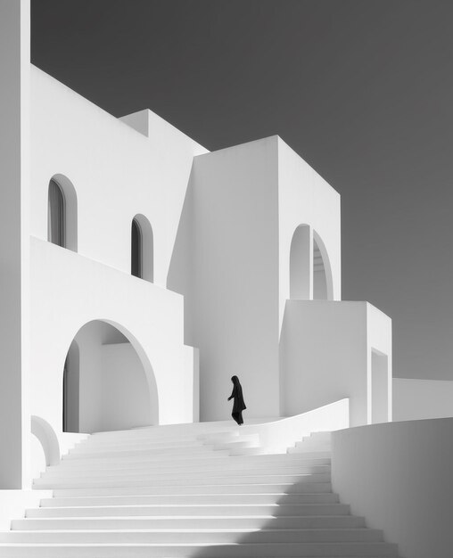 Una fotografía en blanco y negro de un hombre subiendo escaleras.