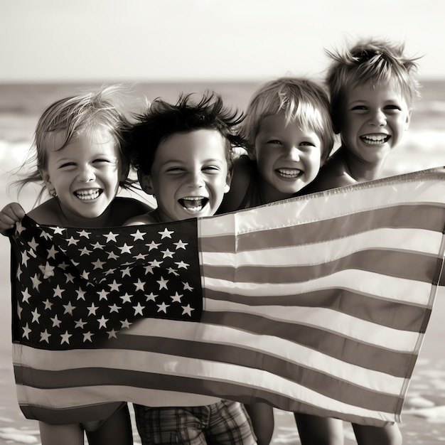 Fotografía en blanco y negro de niños con la bandera estadounidense.