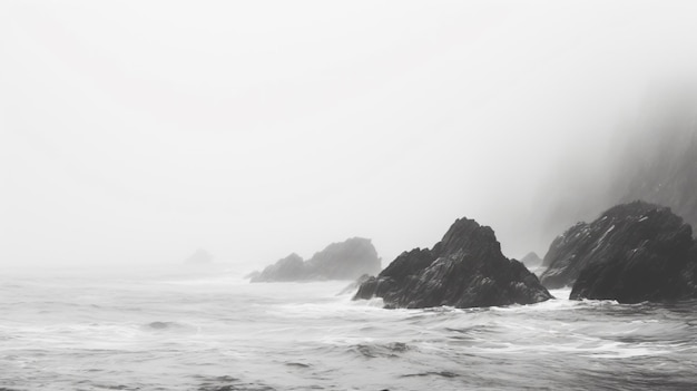 una fotografía en blanco y negro de un océano brumoso