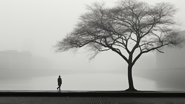 Fotografía en blanco y negro de una persona solitaria caminando bajo un árbol en la niebla.