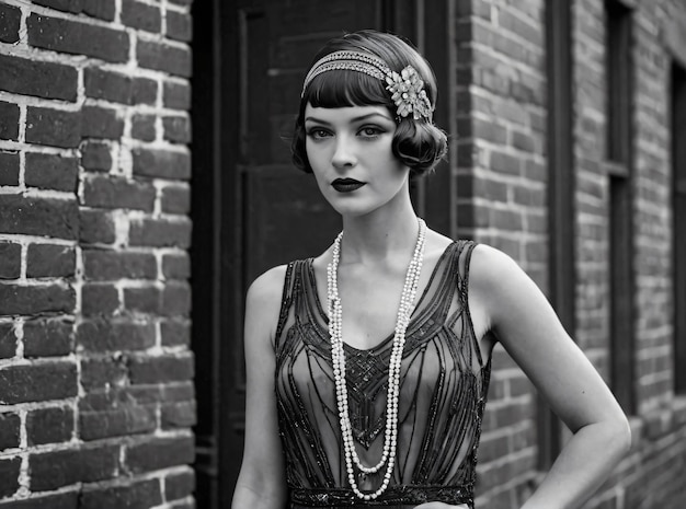 Fotografía en blanco y negro de una persona vestida con la moda de los años veinte generada por la IA