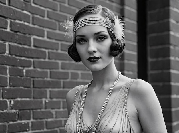 Fotografía en blanco y negro de una persona vestida con la moda de los años veinte generada por la IA