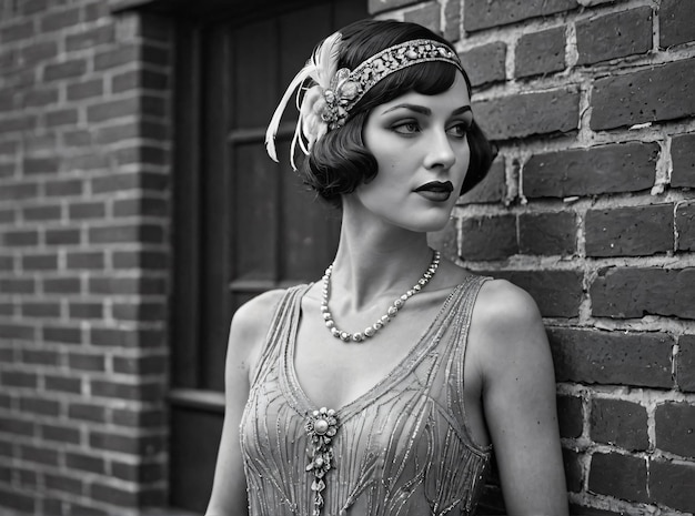 Fotografía en blanco y negro de una persona vestida con la moda de los años veinte generada por la IA