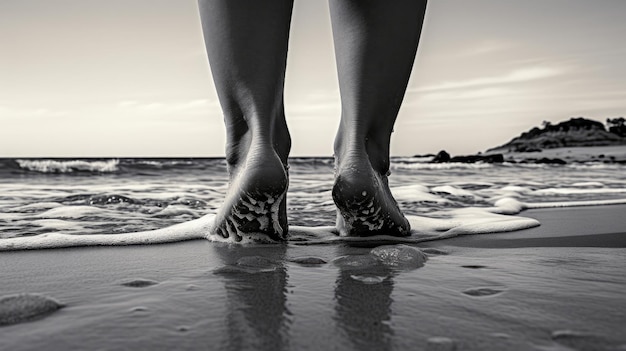 Fotografía en blanco y negro de pies en la playa IA generativa