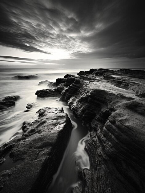 una fotografía en blanco y negro de una playa con rocas y agua.