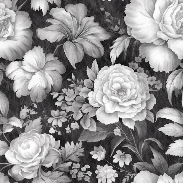 una fotografía en blanco y negro de un ramo de flores en una pared generativ ai