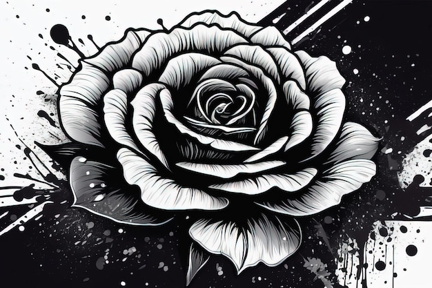 una fotografía en blanco y negro de una rosa con fondo negro.